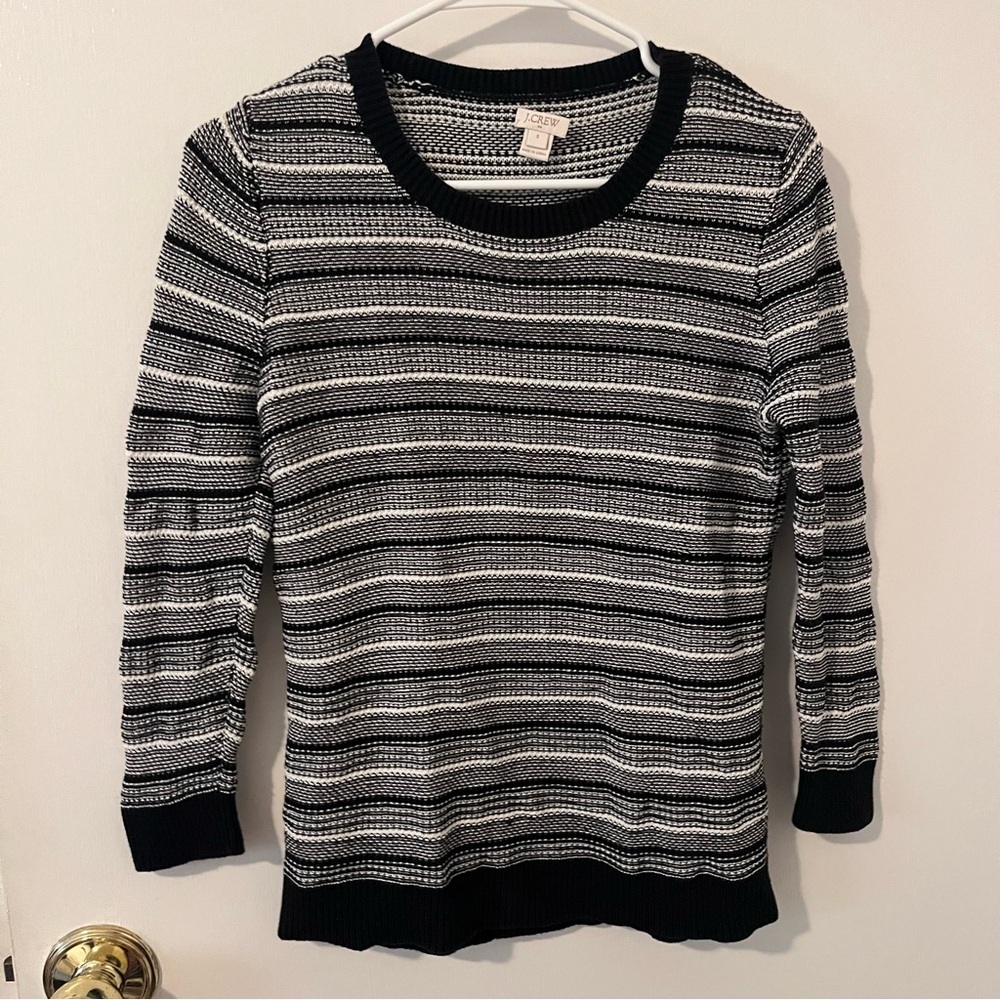 J. Crew Textured Sweater Striped Knit Pullover Crewneck Cotton Black White Small